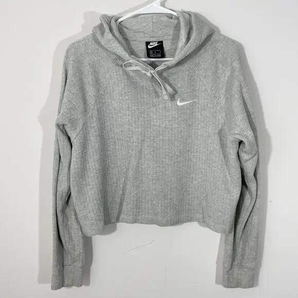 Nike NSW Cropped Ribbed Pullover Hoodie Womens Size Medium Gray Knit - Picture 4 of 10